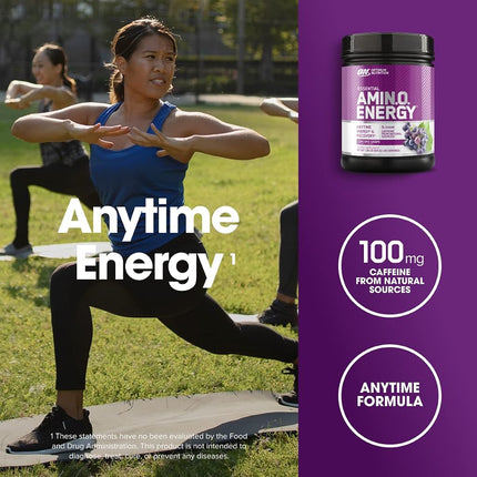 OPTIMUM NUTRITION Amino Energy, Concord Grape, Low-Stim Pre Workout, 100mg Natural Caffeine, 5g BCAA's, 65 Serves, 585g