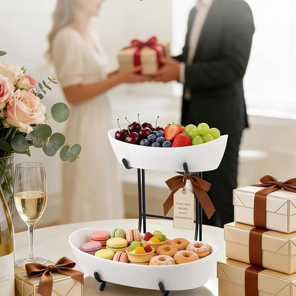 Yedio 2 Tier Ceramic Fruit Bowl for Kitchen Counter with Black Metal Stand