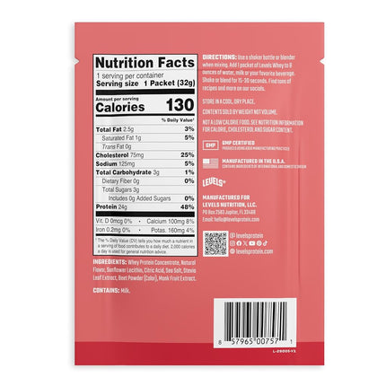Levels Grass Fed Whey Protein Powder, No Artificials, 24G of Protein, Strawberry, 12 Count