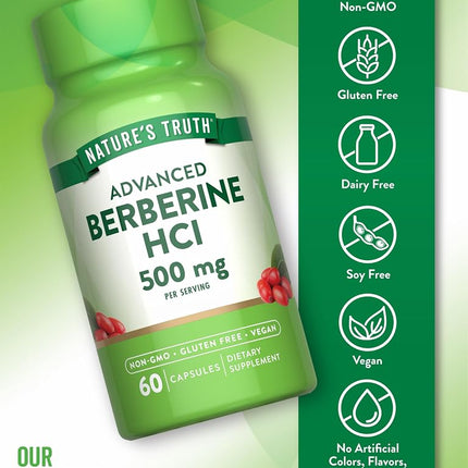 Nature's Truth Berberine HCl 500mg | 60 Capsules | from Barberry Extract | Vegan, Non-GMO, and Gluten Free Supplement