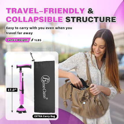 BeneCane Walking Cane for Men & Women Walking Stick for Seniors Folding Canes Quad Cane Adjustable Lightweight Sturdy Free Standing Collapsible Heavy Duty with Soft TPR T-Handle and Travel Bag Pink