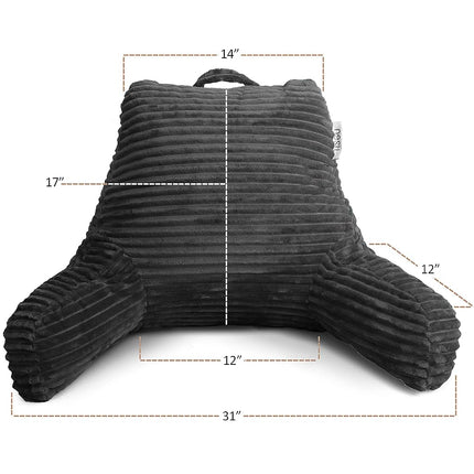 Clara Clark Cut Plush Striped Reading Pillow for Kids & Teens, Back Support Pillow, Shredded Memory Foam Bed Rest Pillow with Arms, Medium, Dark Grey