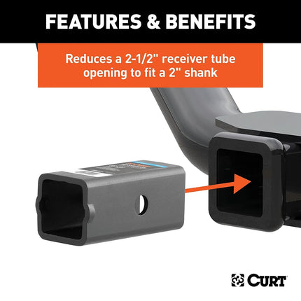 CURT 45405 Trailer Hitch Receiver Adapter Reducer Sleeve, 2-1/2 to 2-Inch, Carbide Black Powder Coat