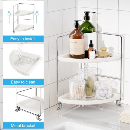 FSyueyun 2-Tier Corner Bathroom Countertop Organizer, Kitchen Spice Rack Makeup Storage Shelf Vanity Bedroom Storage Tray (Silver)
