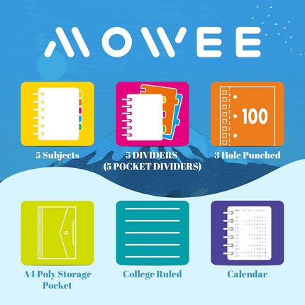 MOWEE Spiral Notebook - 5 Subject Notebook, College Ruled Notebook With Dividers Pocket, Tabs Label, 11" Ruler, 100 Sheets of 200 Pages, for Writing Journal, Home & Office, School Supplies,Red