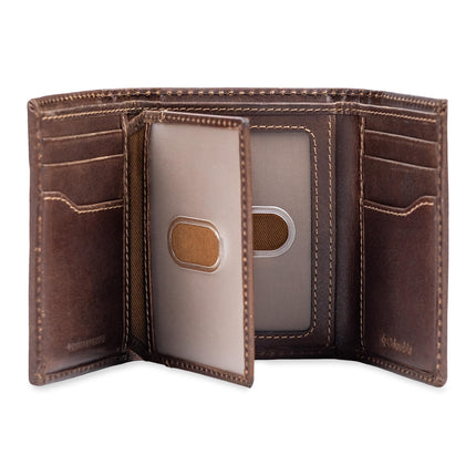 Billetera Trifold Columbia para hombre con RFID, incrustación de logo marrón, talla única, trifold de capacidad extra con incrustación de logo