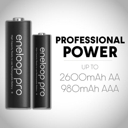 Cargador rápido superavanzado Panasonic K-KJ65KHA4BA de 4 posiciones con panel indicador LCD, puerto de carga USB y 4 pilas recargables AA eneloop pro, negro