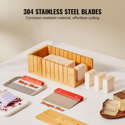 VEVOR Soap Making Kit, Bamboo Cutting Box and Inner Box with Silicone Mold, Stainless Steel Straight Cutter and Wavy Cutter, 100 Bags and 105 Stickers, Soap Making Supplies DIY Kits for Adults