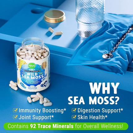 MAJU Wild Irish Sea Moss Capsules, Stronger Than Gel, 4-in-1 w/Bladderwrack + Burdock Root, Organic, Sebi Inspired, Raw, Seamoss Pills Powder, Wild