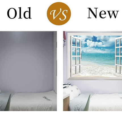 FLFK Fake Window Wall Sticker - Summer Beach Faux Window Wall Mural, Stick and Peel Wall Decals, 48"x32", Set of 2 Sheets