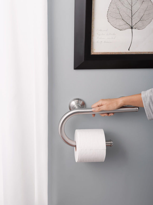 Moen Brushed Nickel Bathroom Safety 8-Inch Wall Mounted Grab Bar with Integrated Toilet Paper Holder, LR2352DBN