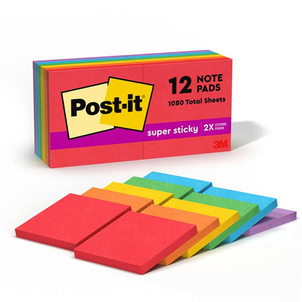Post-it 654-12SSAN Super Sticky Notes, 3 x 3-Inches, Assorted Neon Colors, 12-Pads/Pack