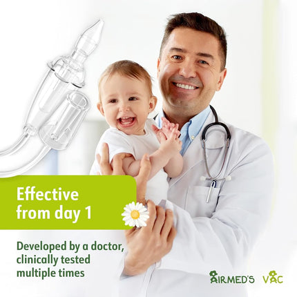Airmed's Vac Nasal Aspirator Baby. CLINICALLY Tested, Safe and Gentle. Baby Nose Sucker with 2 Suction Heads and Cleaning Brush. Safe and Gentle Baby Nasal Aspirator with Strength of a Vacuum Cleaner