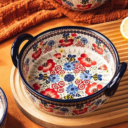 Bicuzat Vintage Flowers Style Ceramic Bakeware Casserole Dish Baking Pan Lasagna Pans Baking Dish with Handles for Oven/Cooking/Kitchen-1 PCS-Red Flowers-32 OZ