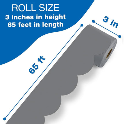 Carson Dellosa 65Ft of Gray Bulletin Board Borders, 1 Roll of Grey Scalloped Trim for Rolling Whiteboard, Cork and Posterboard, Party, Office Decorations, and Classroom Decor