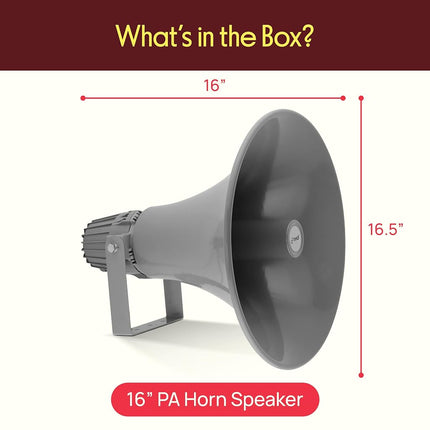 Pyle PA Horn Speaker, 16” All-Weather Outdoor/Indoor Megaphone Loudspeaker, 80Watt Power & 400Hz–5kHz, 16 Ohm, 70V/100V Transformer, Mounting Bracket