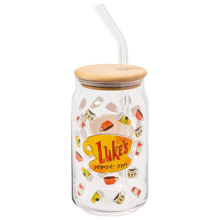 Vaso de cristal Silver Buffalo Gilmore Girls Luke's Diner con tapa de bambú y pajita de cristal, 473 ml