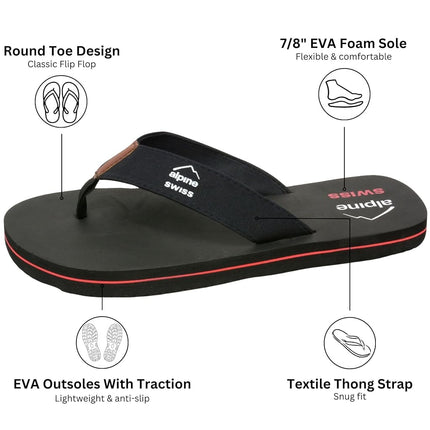 alpine swiss Mens Flip Flops Beach Sandals EVA Sole Comfort Thongs Black 15 M US
