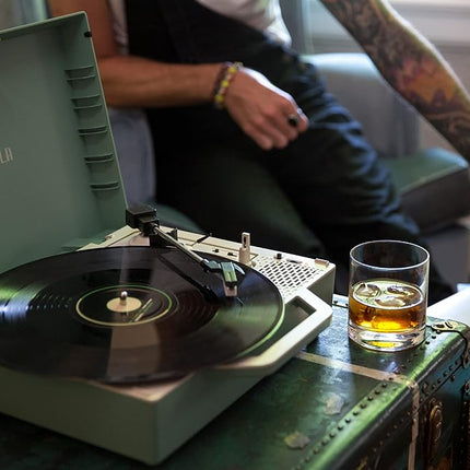Victrola Re-Spin Sustainable Suitcase Vinyl Record Player, 3-Speed (33 1/3, 45 & 78 RPM), Belt-Driven Bluetooth Turn Table with Built-in Bass Radiator, 3.5mm Headphone Jack, Basil Green