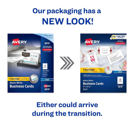 Avery Printable Business Cards, Inkjet Printers, 1,000 Cards, 2 x 3.5, Clean Edge, Heavyweight (8870)