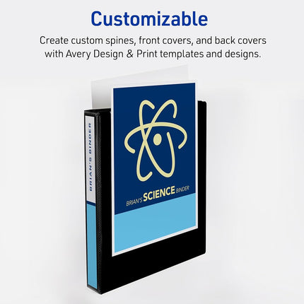 Avery Durable View 3 Ring Binders, 1 Inch Slant Rings, 250-Sheet Capacity, DuraHinge, 1.4 Inch Wide Spines, Customizable Clear Covers and Spines, Black Binders (12-Pack of 17011)