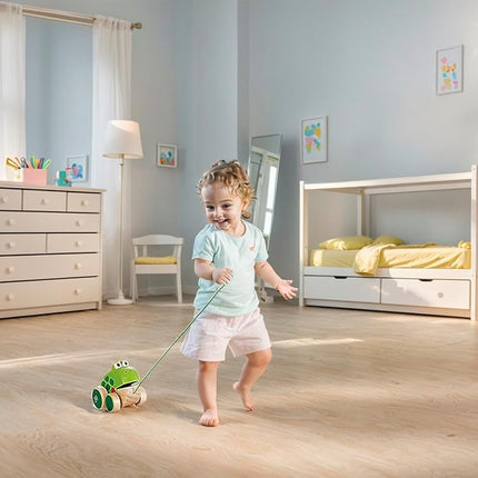 Hape Frog Pull Along | Wooden Frog Fly-Eating Pull Toddler Toy, Bright Colours