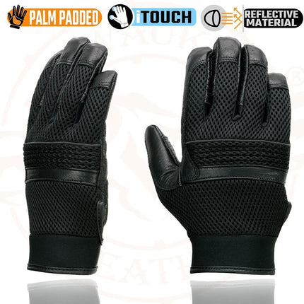 Milwaukee Leather MG7503 Guantes de cuero negro para hombre, compatibles con pantalla táctil, de malla para motocicleta de carreras con reflectores - Grande