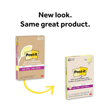 Post-it 100% Recycled Paper Super Sticky Notes, 2X The Sticking Power, 4x6 in, Lined, 4 Pads/Pack, 45 Sheets/Pad, Canary Yellow(4621R-4SSCY)