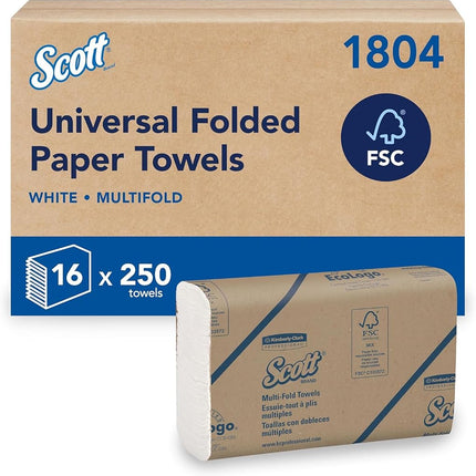 Scott Multifold Hand Towels, Z-Fold White Paper Towels for Bathroom, Soft, Strong, Eco-Friendly, Highly Absorbent, 16 Packs x 250 Z-Fold Paper Sheets (4,000 Sheets Total). Model nr. 1804