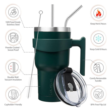 BJPKPK Tumbler with Handle and Straw 30 oz Insulated Tumbler with Lid Stainless Steel Coffee Cups Travel Mug,Army Green