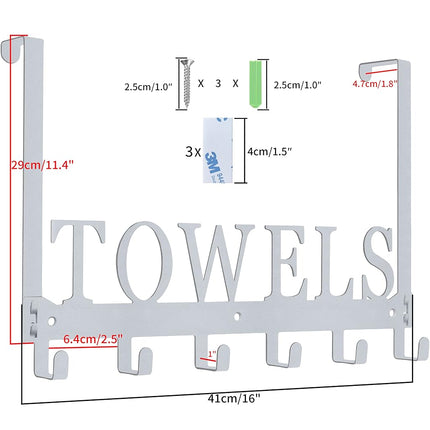 Over The Door Hooks, Towel Rack for Bathroom, Door Mount Towel Hooks Bath Towel Hanger for Bedroom Kitchen Pool Beach Towels Bathrobe Wall Mount Towel Holder for Bathrooms (6 Hooks, Silver Grey)