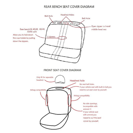 Flying Banner Car Seat Covers Full Set Front Seats and Rear Bench Polyester car seat Protectors Black Gray Purple airbag Compatible Rear Bench Split (Black Red)