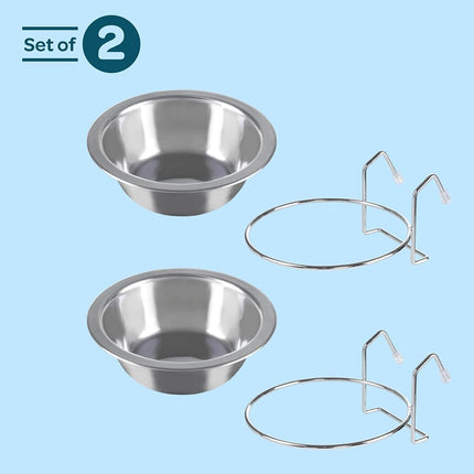 Set of 2 Stainless-Steel Dog Bowls - Cage, Kennel, and Crate Dog Bowls Hanging for Food and Water - 8oz Each and Dishwasher Safe by Petmaker