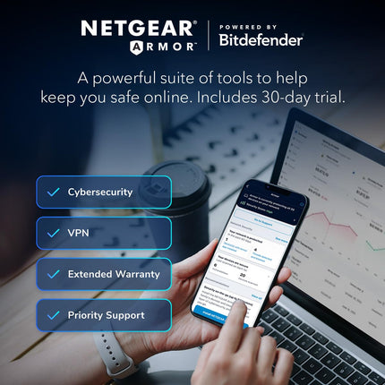 Funciones de seguridad del router WiFi 7 de doble banda NETGEAR Nighthawk (RS200) Velocidad inalámbrica BE6500 (hasta 6,5 Gbps) Cubre hasta 2500 m², 80 dispositivos, puerto de internet de 2,5 GB