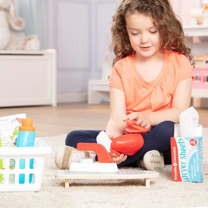 Melissa & Doug 8608 Laundry Basket Play Set With Wooden, Ironing Board, and Accessories (11 Pcs), Multicolor, 1 EA