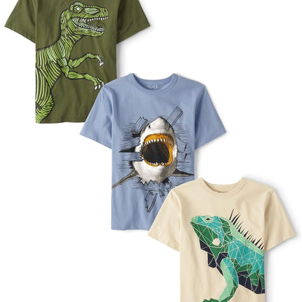 Camisetas gráficas de manga corta de gamer para niños The Children's Place, paquetes múltiples, dinosaurio/camaleón/tiburón, extragrande