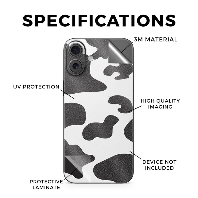 Glossy Glitter Phone Skin Compatible with Apple iPhone 16 Plus - Cow Print - Premium 3M Vinyl Protective Wrap Decal Cover - Easy to Apply | Crafted in The USA by MightySkins