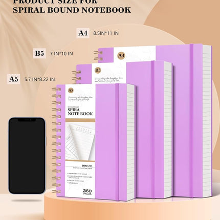 MUAHLIUB Spiral Notebook Journal College Ruled 8.5''x 11'', 360 Pages Lined Thick Journals for Women Men, A4 Large Writing Spiral Journal with 100GSM Paper, Spiral Notebooks for Work, School Purple