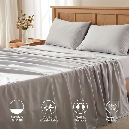 Comfort Spaces Coolmax Moisture Wicking Sheet Set Soft, Fade Resistant, All Elastic Deep Pocket Fits Up to 16" Mattress - Warm Weather Cooling Sheets for Night Sweats, Full, Grey, 4 Piece