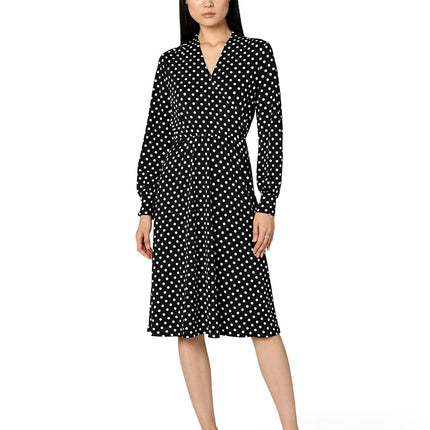 Adrianna Papell Women's Long Sleeve Wrap Midi Dress, Black/Ivory Medium Dot, XL