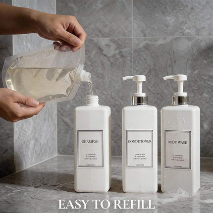 HARRA HOME Modern Gold Design Pump Bottle Set 27 oz Refillable Shampoo and Conditioner Dispenser Empty Shower Plastic Bottles with Pump for Bathroom Lotion Body wash, Pack of 3 (White & Silver)