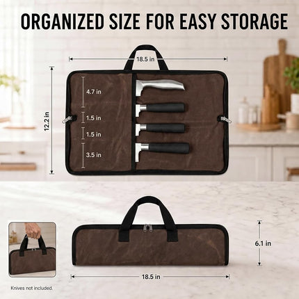 QEES Knife Roll,Heavy Duty Knife Bag,Waxed Canvas Knife Case with 4 Slots for Knives & Kitchen Tools,Chef Knife Bag with Handle.Portable Knife Roll Bag for Chefs Culinary Traveling.Knives Pouch