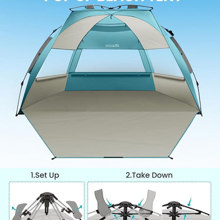 OutdoorMaster Pop Up Beach Tent for 4 Person - Easy Setup and Portable Beach Shade Sun Shelter Canopy with UPF 50+ UV Protection Removable Skylight Family Size - Cancun Seashore