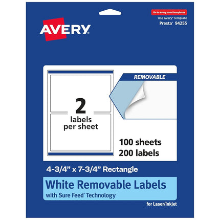 Etiquetas rectangulares removibles Avery de color blanco mate con tecnología Sure Feed, para imprimir hasta el borde, 4.75" x 7.75", 200 etiquetas removibles, aptas para impresoras láser/de inyección de tinta