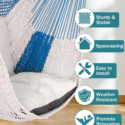 Chihee Handwoven Cotton Hammock Chair Large Hanging Rope Chair 7.9ft with Detachable Strong Metal Spreader Bar, Breathable Net Swing Seat Color Blocking, Portable with Carry Bag, Indoor Outdoor Use