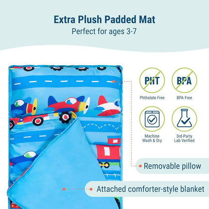 Wildkin Microfiber Nap Mat with Pillow for Toddler Boys and Girls,Ideal for Daycare and Preschool,Measures 50 x 1.5 x 20 Inches,Mom's Choice Award Winner,BPA-Free,Olive Kids(Trains, Planes and Trucks)