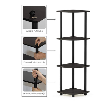 Furinno TURN-N-TUBE Corner Shelf, 4-Tier Corner Bookshelf, Display Storage Shelves with Open Shelves, for Organization and Storage, Living Room, Home Office, Garage, Espresso