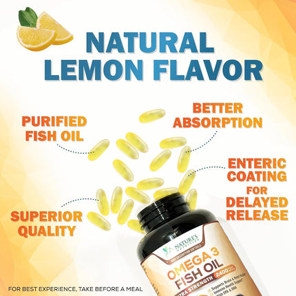 Omega 3 Fish Oil Supplements - 2400mg Fish Oil Per Serving - Triple Strength Omega-3 with EPA & DHA Fatty Acids - Natural Heart, Brain & Immune Support - Wild Caught, Bottled in USA - 180 Softgels