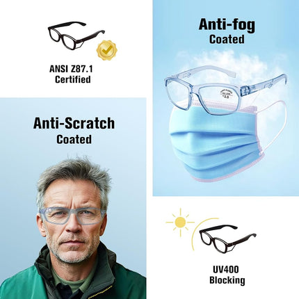 ProtectX Stylish Anti-Fog & Scratch-Resistant Safety Glasses With Readers, UV Protection Goggles, Anti-Impact Lightweight Glasses for Men＆Women Blue Reading Full Lens 2.5
