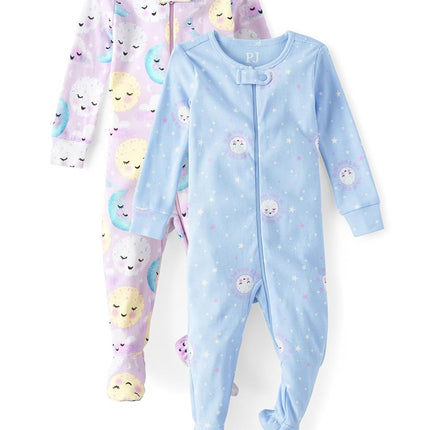 The Children's Place 100% Cotton One Piece Pajamas with Front Closure Toddler Set of 2, moons, 0-3 Months